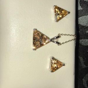 Solid sterling silver & amber cz earrings and necklace.